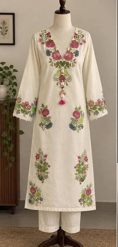 Women's Off-White Floral Printed Kurti with Stylish Tassel Neckline &