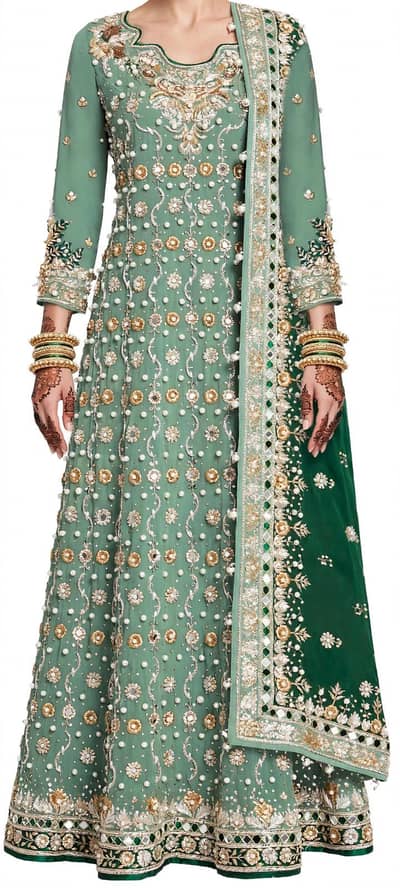 light green and dark green pista color with golden zari stone work for