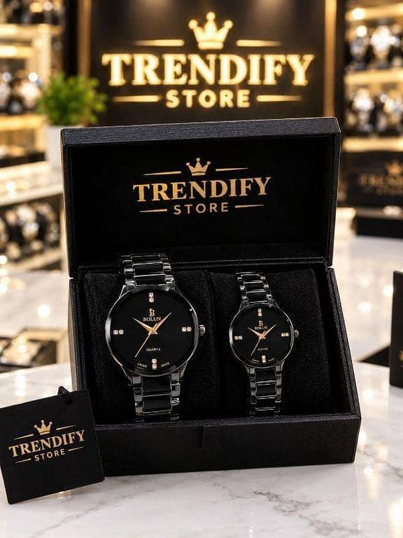Premium Pure Black Stainless Steel Couple Watches for Him & Her | Stylish Matching Couple Watch Set