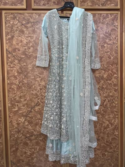 Luxury Aqua Blue & Silver Embroidered Party Wear Dress