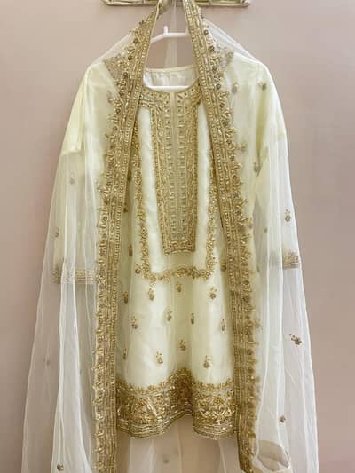 Beautiful White Bridal Gharara Suit with Golden Embroidery – 3 Piece
