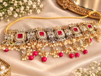 Antique Gold & Maroon Bridal Jewelry Set with Long Mala & Bangles