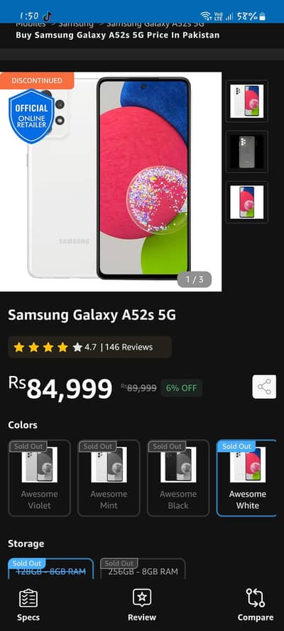 Samsung Mobile A52s 5G lush condition