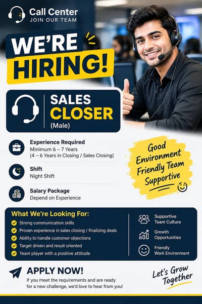 Male Sales Closer Required – 6–7 Years Experience (Night Shift)
