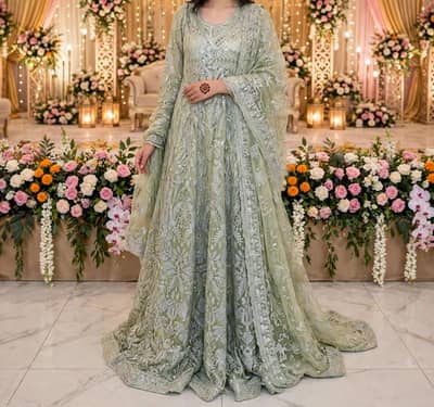 Gulaal Pista Green Bridal Maxi with Tail - Medium - Like New