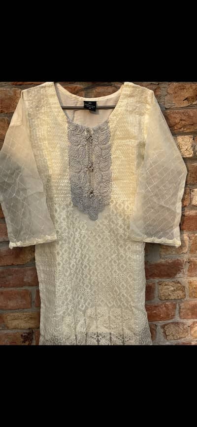 Luxury Ivory Organza 3-Piece Suit | Silver Embroidered Neckline