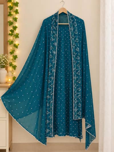 Beautifull Blue Long Shirt with Sharara & Dupatta