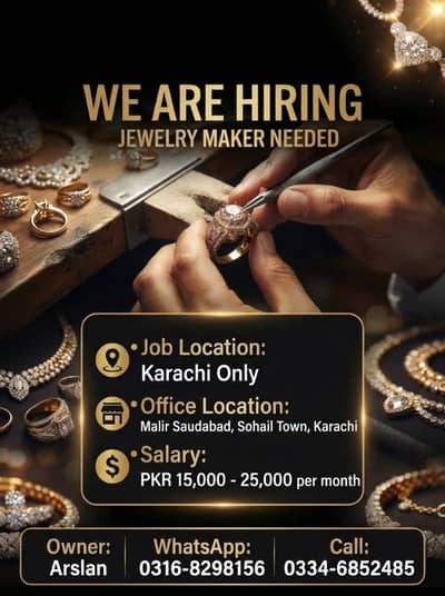 Jewellery Manufacturing Jobs in Karachi | Salary 15,000–25,000