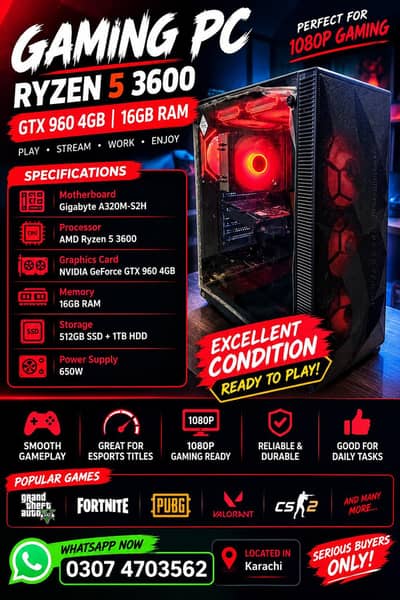 Gaming PC for Sale/Ryzen 5 3600 /GTX 960 4GB /16GB RAM/Pc/Custom