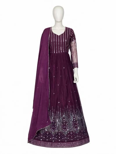 Purple Sequins Embroidered Maxi - Party Wear - Once Worn