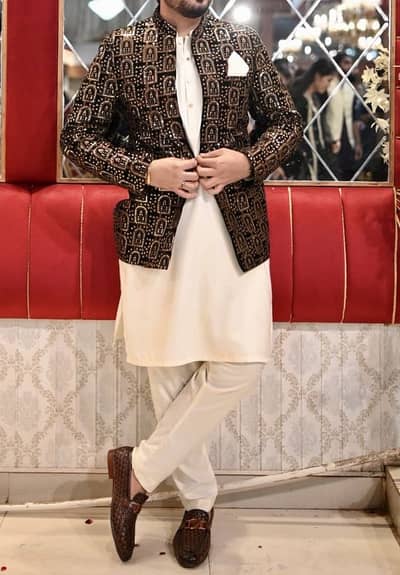 Black & Golden heavy Embroidery Prince Coat-Wedding Wear-Only Coat