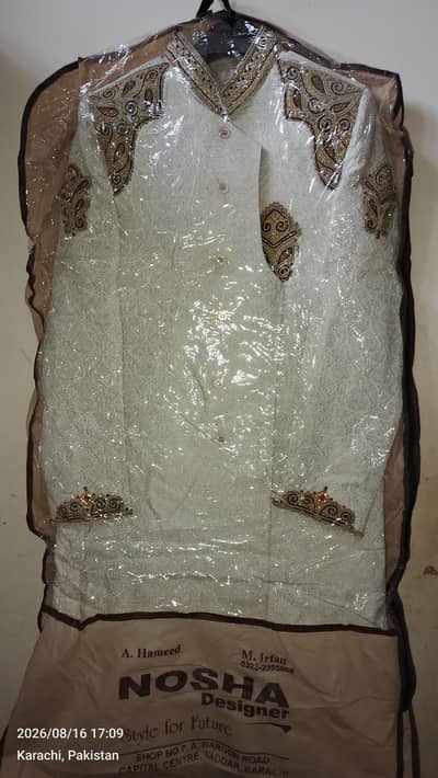 white & golden embroided sherwani only 1 time used