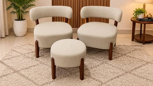 Set of 2 Barrel Accent Chairs + Matching Round Ottoman, Cream & Walnut