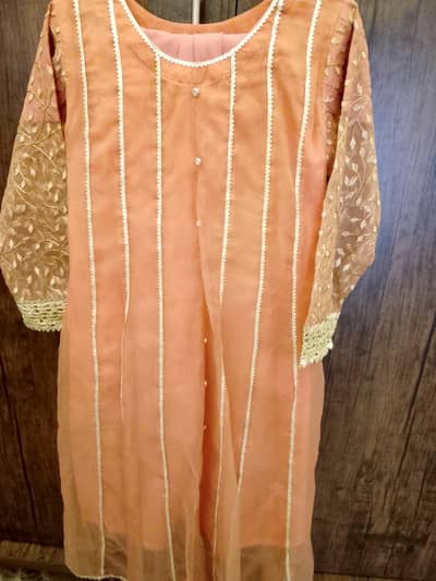 Beautiful Peach Organza Kurti with Lace Work & Embroidered Sleeves