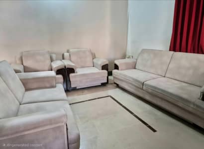 Beautiful Beige Sofa Set with Wooden Accents - Excellent Condition