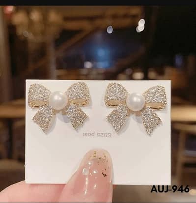 Bow Earrings Gold Pearl Sparkling Zircon S925