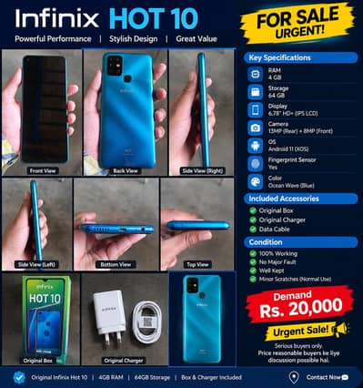 Infinix Hot 10 4GB RAM 64GB Storage – Box & Original Charger Included