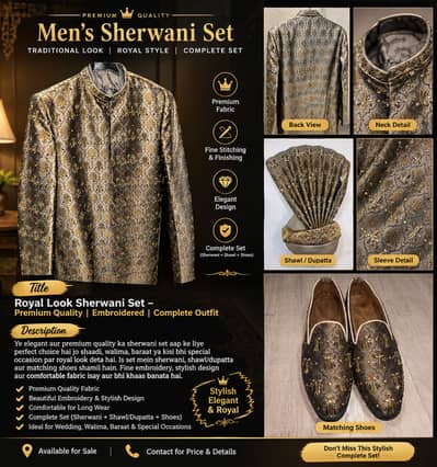 Royal Look Men's Sherwani Set with Shawl & Matching Shoes – Premium E