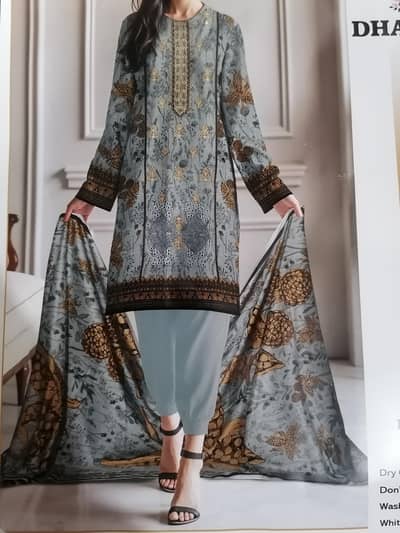 3 piece khaddar double head sequence with plain print dupatta