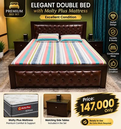 Elegant Double Bed with Molty Plus Mattress & Side Tables –Premium Bed