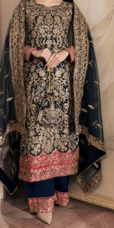 Luxury Pakistani Suit / Navy Blue Bridal Dress / Heavy Embroidered