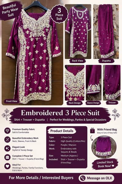 Beautiful Maroon Embroidered 3 Piece Suit – Front & Back Heavy Work