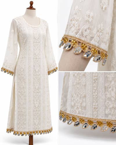 Elegant White Chiffon Embroidered Dress with Fancy Lace Work