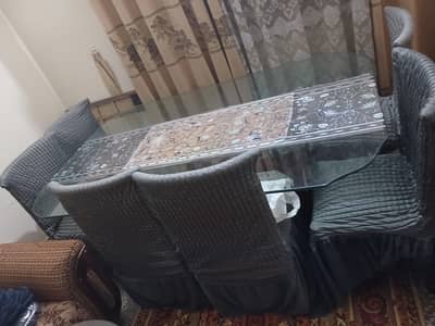 6-Seater Glass Top Dining Table with Solid Wood Carved Base & Chairs