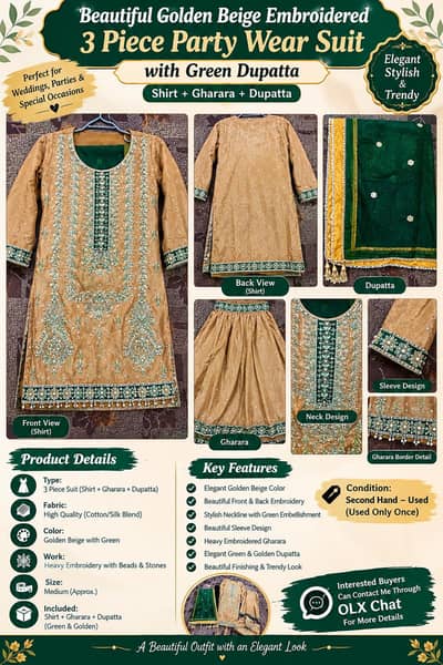 Golden Beige Embroidered Party Wear Suit with Gharara & Green Dupatta