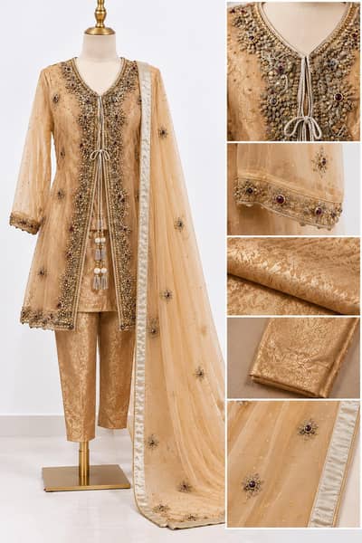 Luxury Golden 4 Piece Party Wear Suit | Heavy Work Net Gown