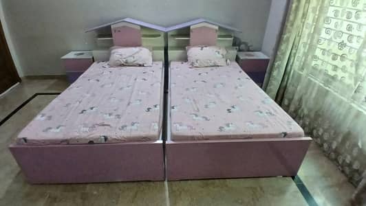 Girls single bed pair (without Matress) with 2 side tables with dressi