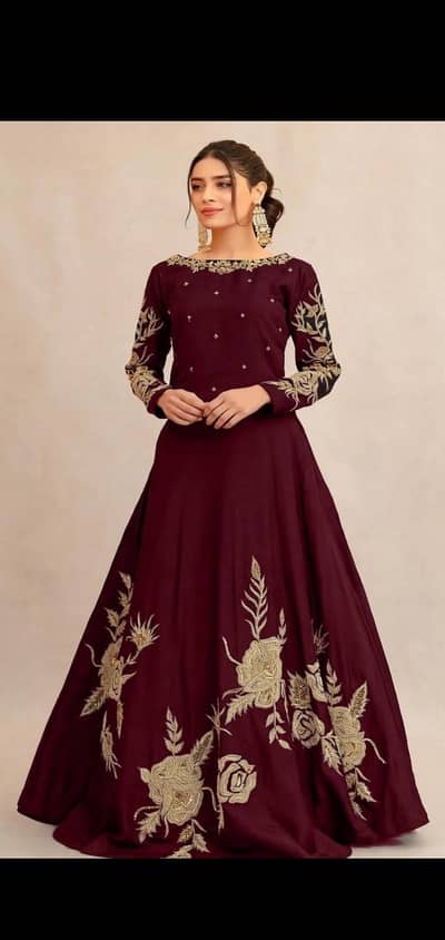 Maroon Slik Embroidered Maxi 1Pc - / Party Wear /Multan