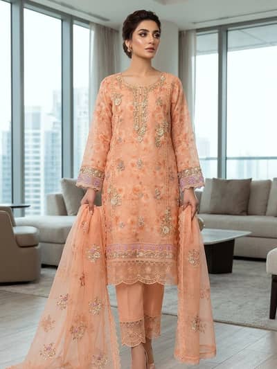 peach pink or blush pink colour 3 pc dress with full hand embroidry