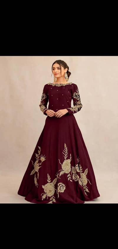 Maroon Slik Embroidered Maxi 1Pc - / Party Wear /Multan