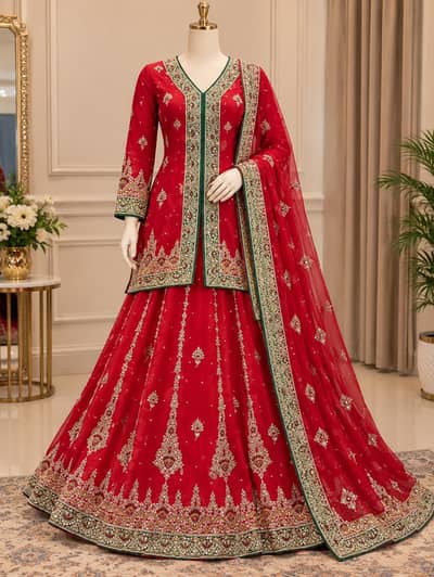 Beautiful Red Bridal Maxi / Lehenga – Heavy Embroidered Wedding Dress