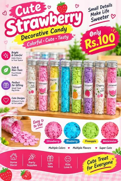 Cute Strawberry Decorative Candy – Colorful & Stylish Mini Bottles