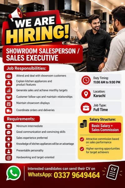 Urgent Hiring: Showroom Sales Executive – Karachi