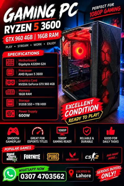 Gaming PC for Sale/Ryzen 5 3600 /GTX 960 4GB /16GB RAM/Pc/Custom