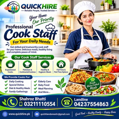 Professional Cook Staff | Expert Home Cooks Full Time & Part Time Chef