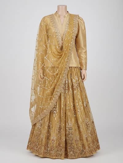 Golden Sequined Lehenga Choli Set with Net Dupatta (3-Piece)