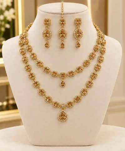 2 Layered Gold Plated Zircon Necklace Set