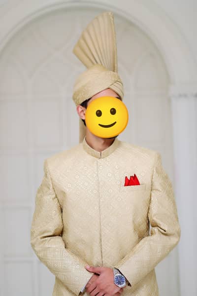 Golden Groom Sherwani with Kulla / Turban – Used Only Once