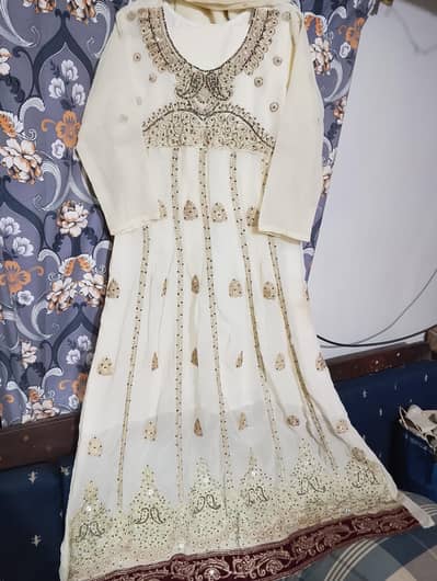 fancy Off-White fully Embroidered 3-Piece Maxi Frock (Small Size)