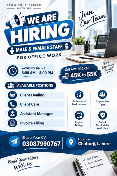 we are hiring male and female staff for office work.