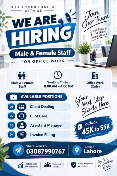 we are hiring male and female staff for office work