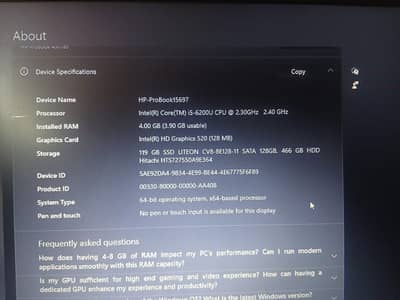 HP - PROBOOK i5-6Gen 4gb ram SSD 128GB hardest 500gb