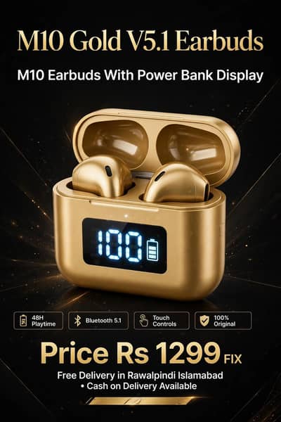 M10 Earbuds Gold V5.1 with Power Bank Display-48h Playtime-Rawalpindi