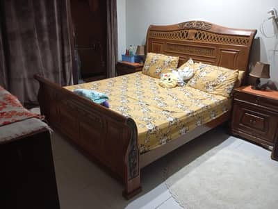 wooden king bed set with side table dressing showcase