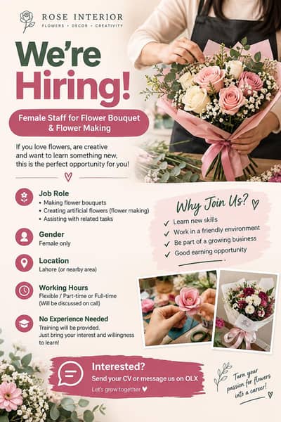 Female Staff Required For Flower Bouquet And Flower Making