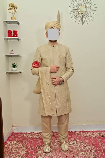 Peach Sherwani Set with Kurta Pajama, Kulla and 2 Khussa (Used Once)